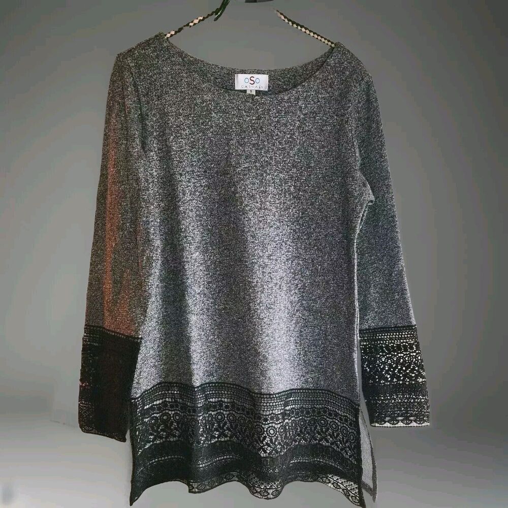 Gray Long Sleeve Shirt Top Blouse Knit Black Lace Trim Detail OSO Casuals Size S